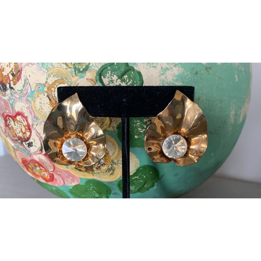 M J Carroll Pierced Pyramid Crystal Center Leaf earrings, Vintage